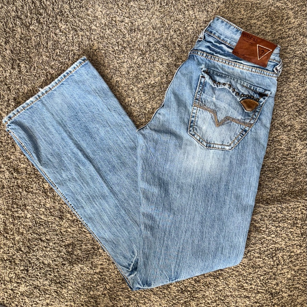 Light Blue GUESS Denim bootcut Jeans, mens, size 30x30